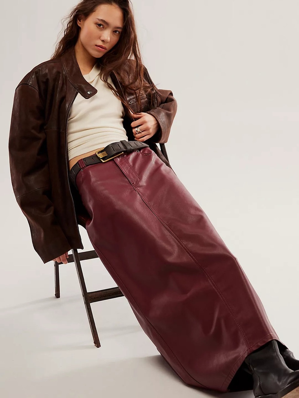 Free People Burgundy Faux Leather Maxi Skirt